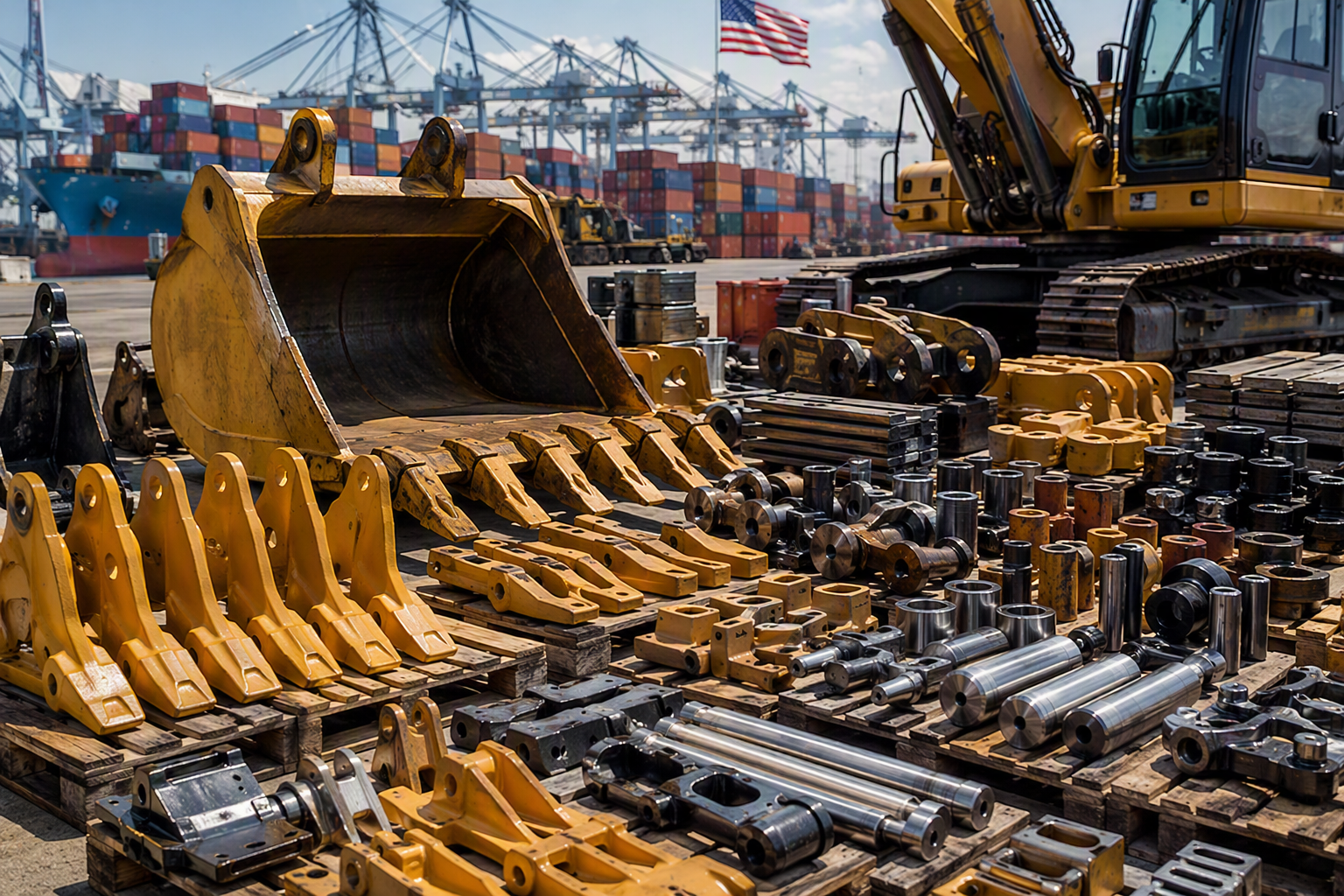 USA heavy construction equipment, excavators, bulldozers, wheel loaders, dump trucks, and industrial spare parts for global export and supply.