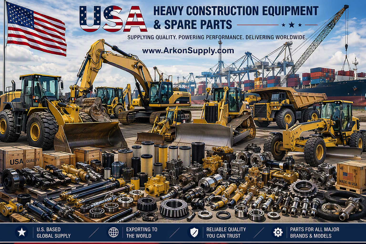 USA heavy construction equipment, excavators, bulldozers, wheel loaders, dump trucks, hydraulic components, and specialized construction spare parts for global supply and export.